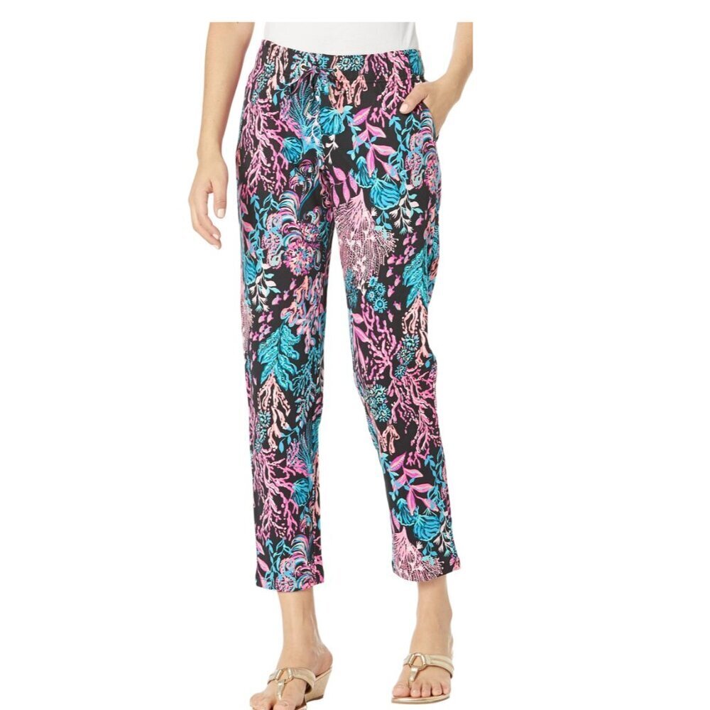 Lilly Pulitzer Emora Knit Pants Large Onyx Twilight Coral Print‎ EUC